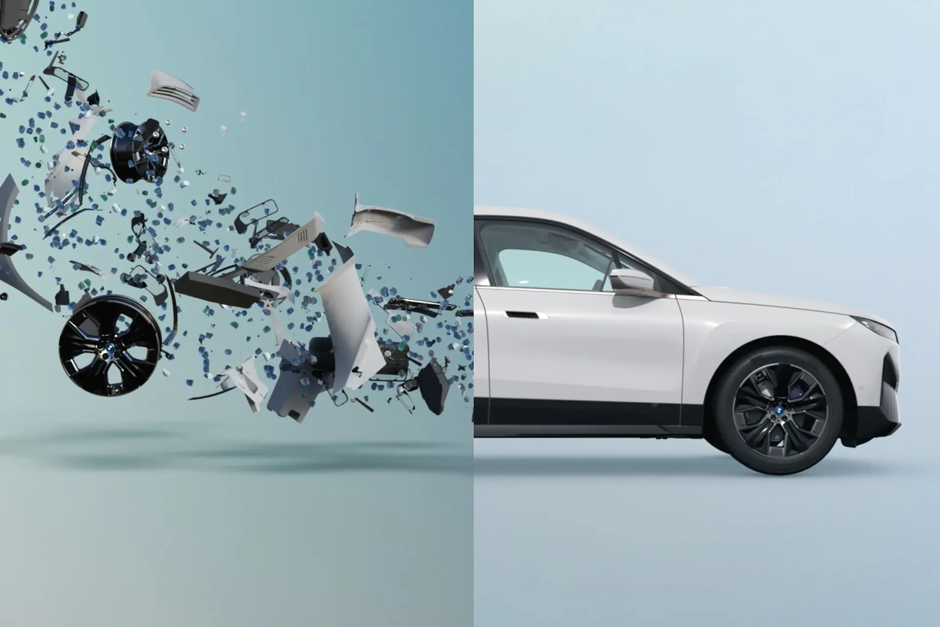 Un schéma BMW Car2Car montre une voiture hors d’usage, le tri, la refonte, des bobines d’acier et des pièces neuves